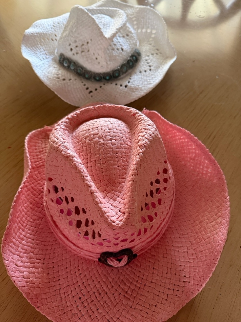 2 White  & pink set  Straw Cowgirl Hat with Turquoise Concho Band